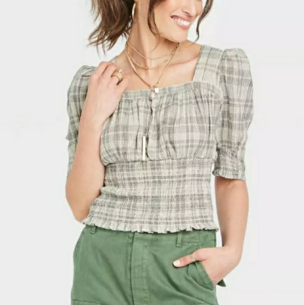 Universal Thread Square Neck Plaid Smocked Waist Puff Sleeve Boho Festival XL